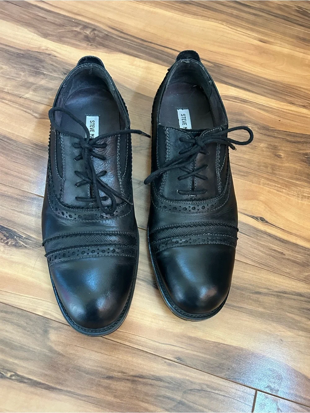 Steve Madden Mens Spanner Black Leather Brogue Oxfords, Lug Sole, Wood Accent 11